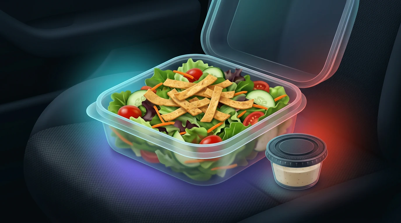 Restaurant salad with crispy strips and dressing cup in a car