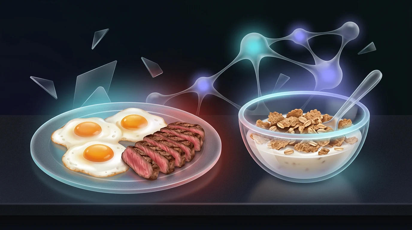 Plate of eggs and steak beside a bowl of cereal for comparison