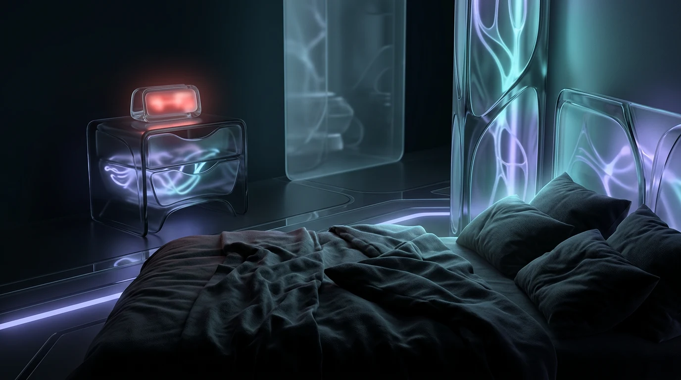 Dark bedroom with rumpled sheets and a faint clock glow