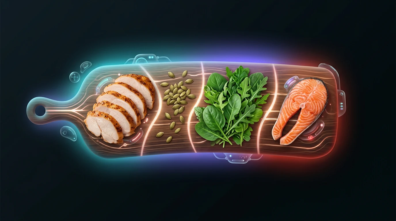 Board of turkey, pumpkin seeds, leafy greens and salmon
