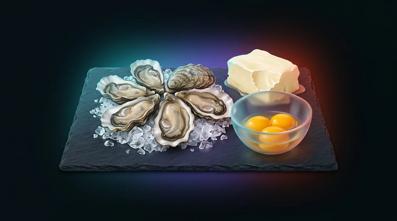 Oysters on ice, butter and egg yolks on a dark slate board