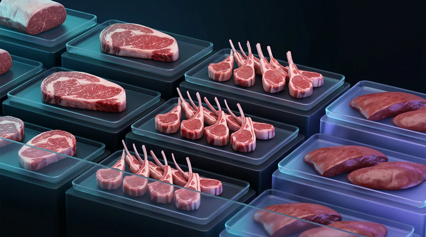 Butcher display of beef, lamb and liver cuts on dark trays