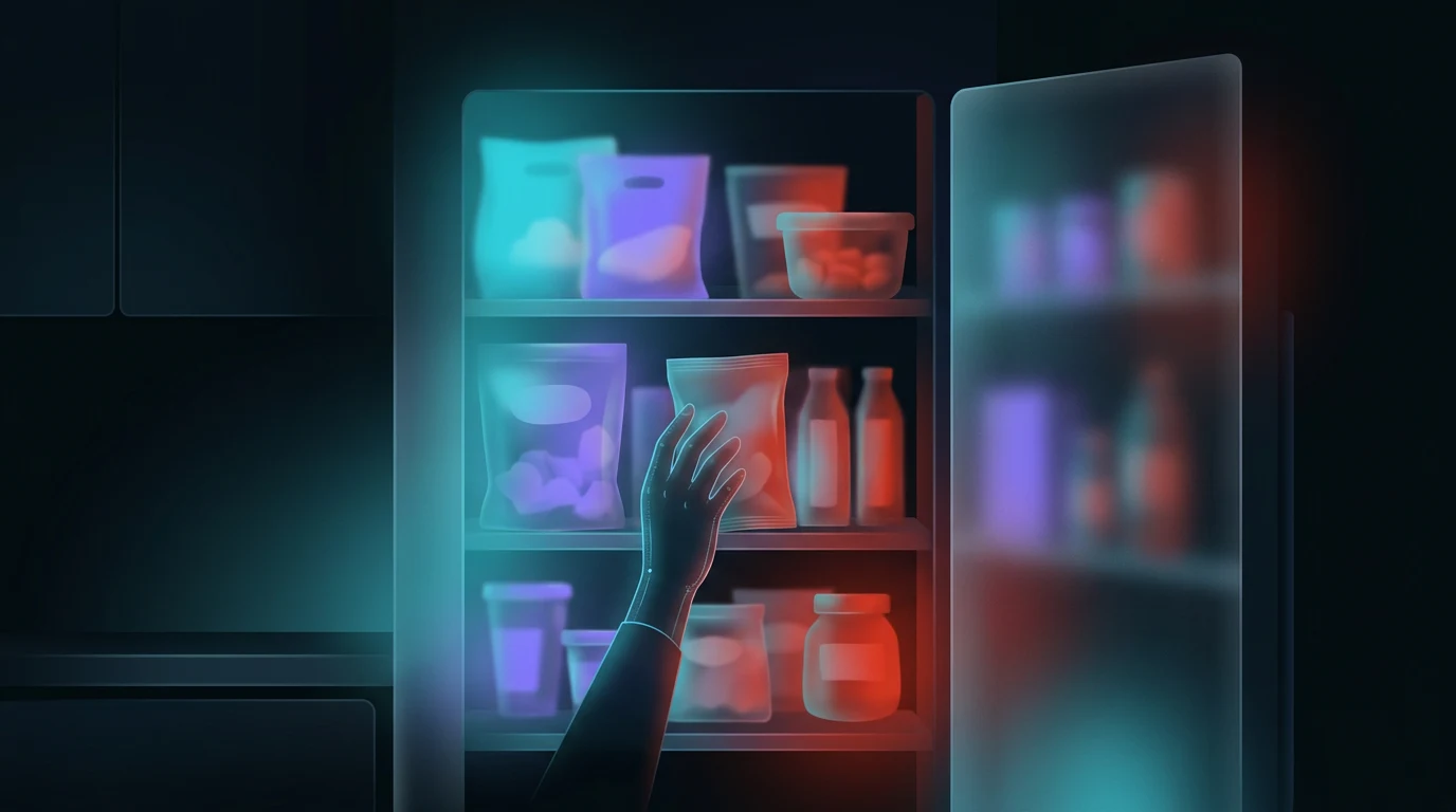 Hand reaching into an open pantry at night