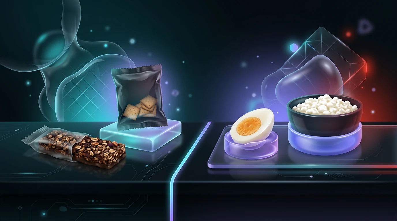 Granola bar and crackers beside a boiled egg and cottage cheese