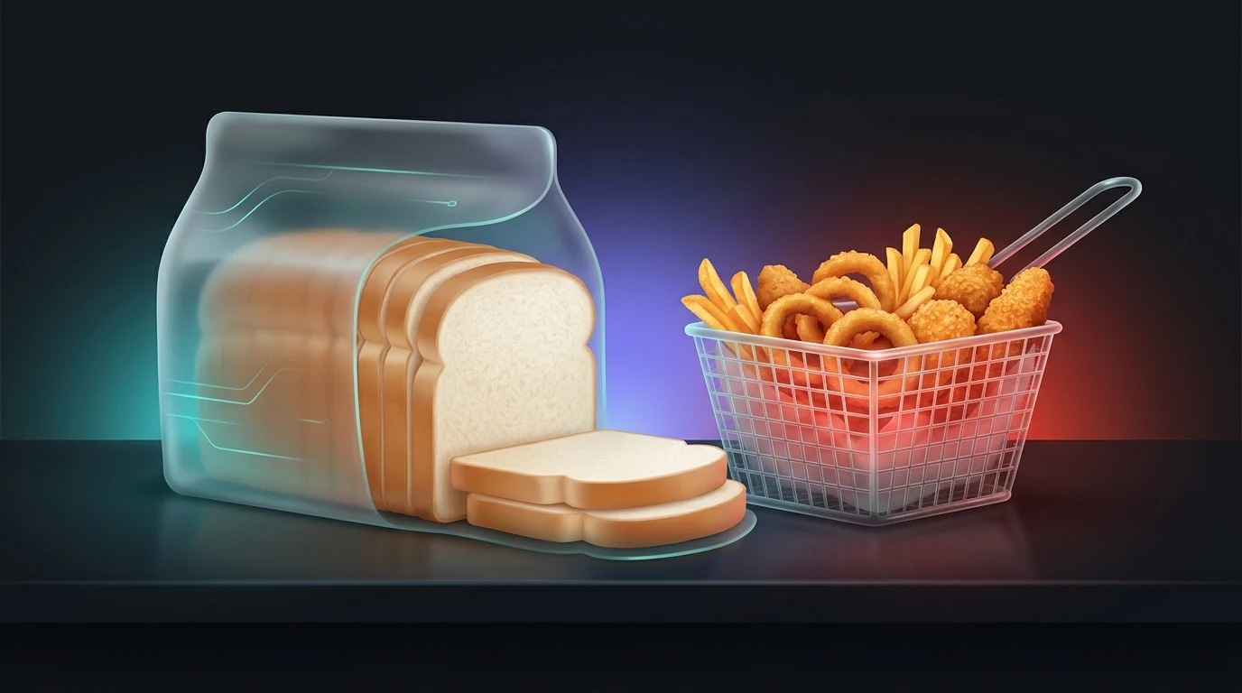 Sliced white bread beside a basket of fried food