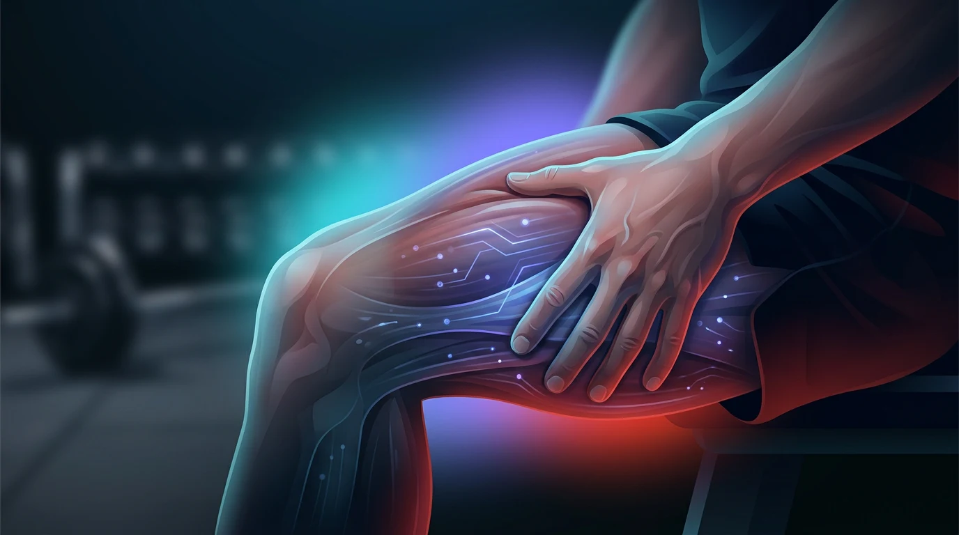 Hand pressing into a sore thigh muscle on a gym floor