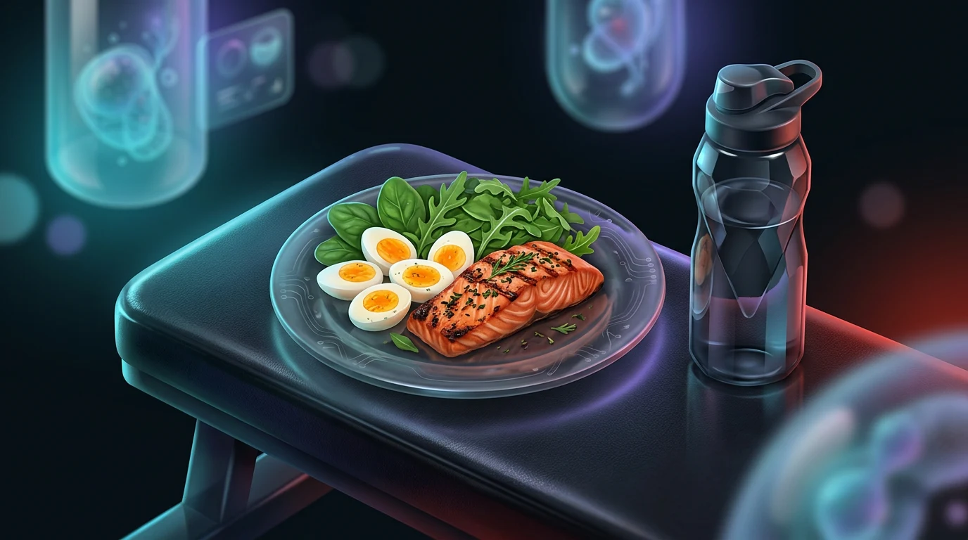 Grilled salmon, eggs and leafy greens on a gym bench