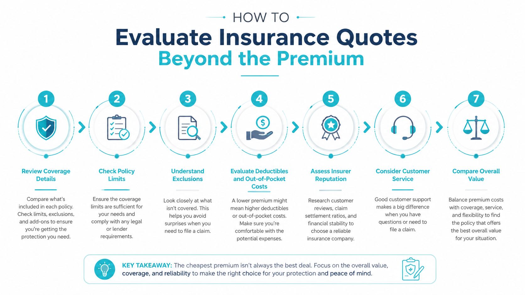 An infographic titled How to Evaluate Insurance Quotes Beyond the Premium with seven numbered steps for comparison.