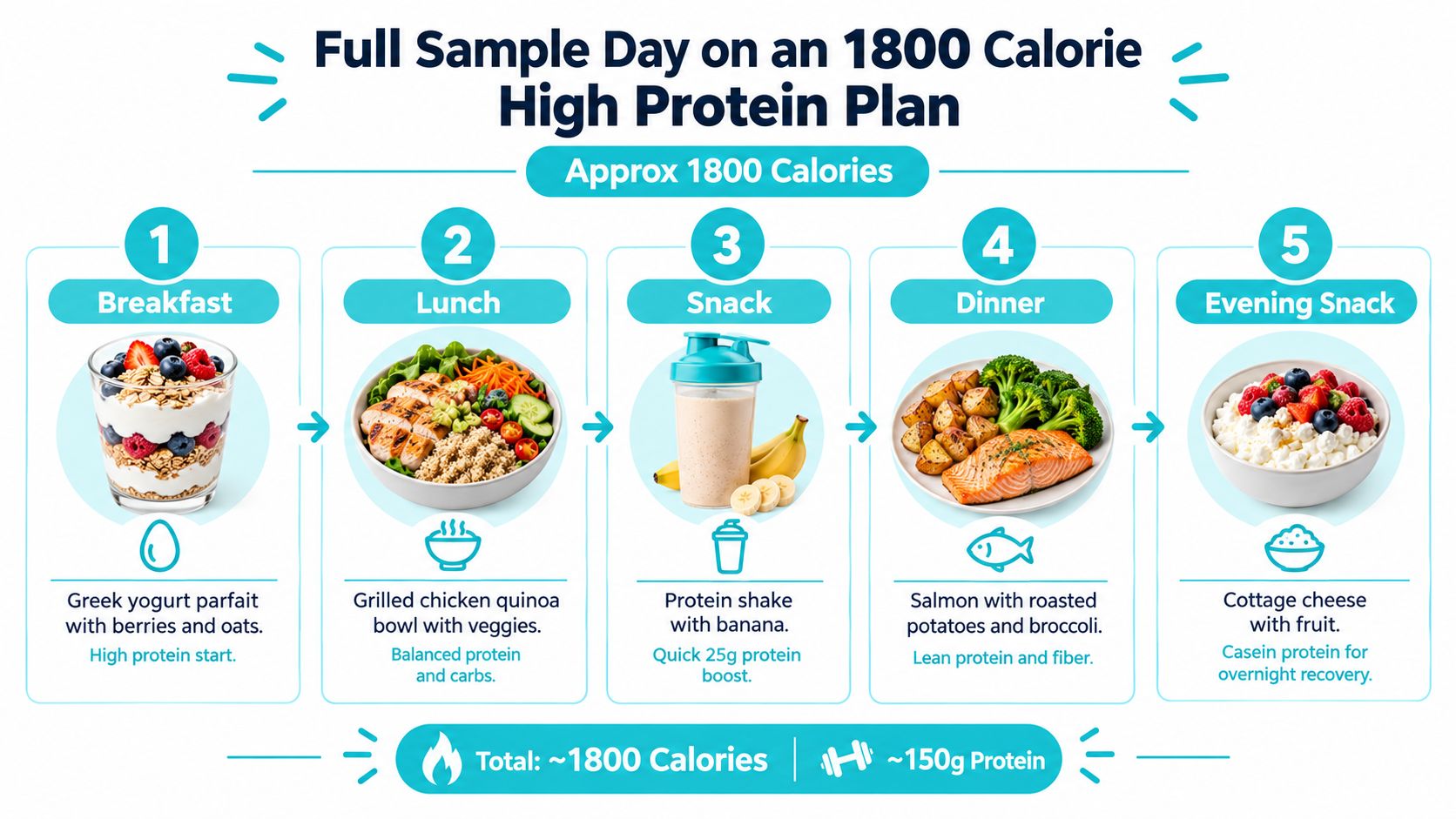 A visual guide outlining a five-meal high protein daily diet plan totaling 1800 calories.