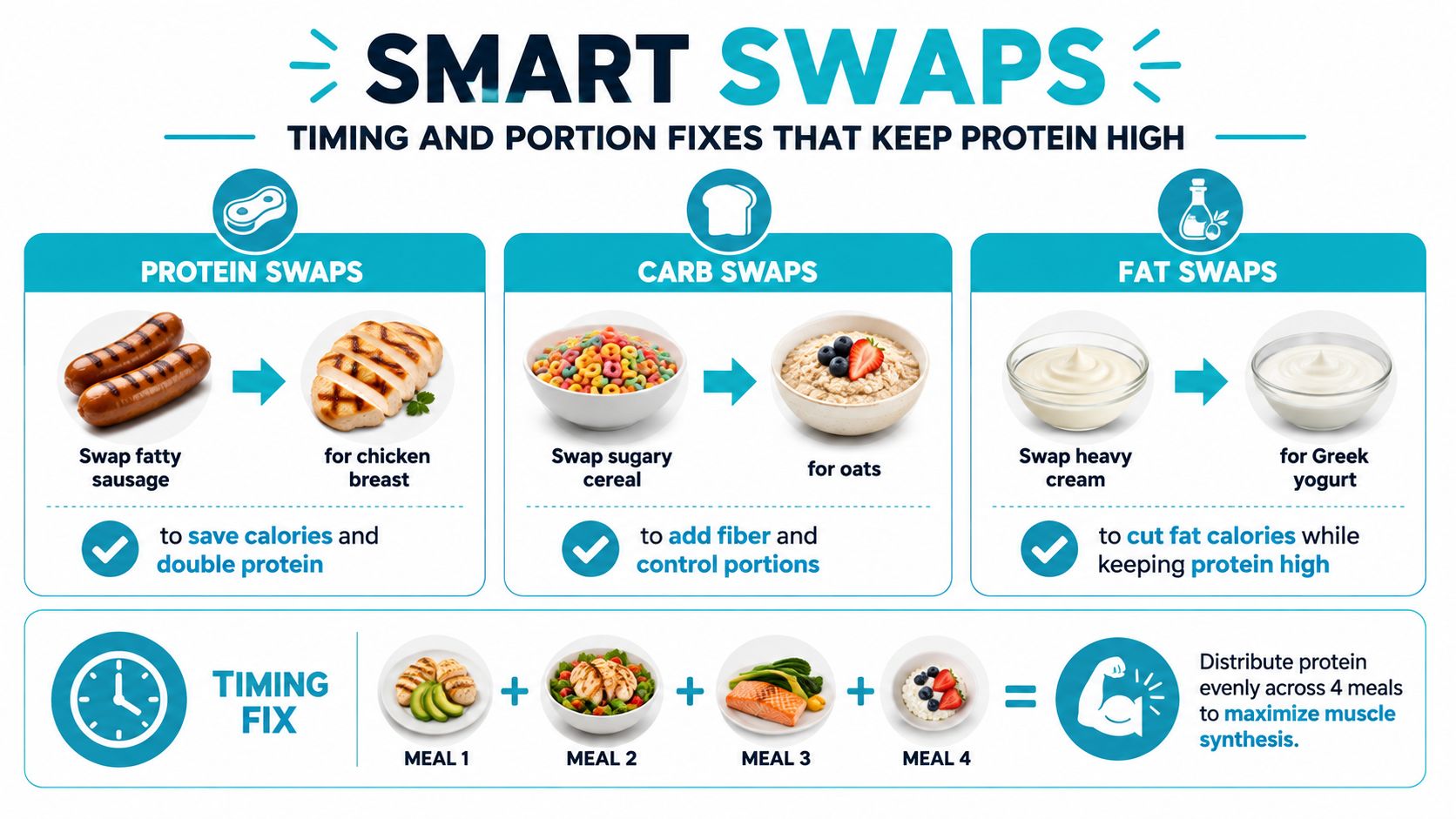 An infographic showing healthy food swaps for protein, carbs, and fats to maximize muscle synthesis.