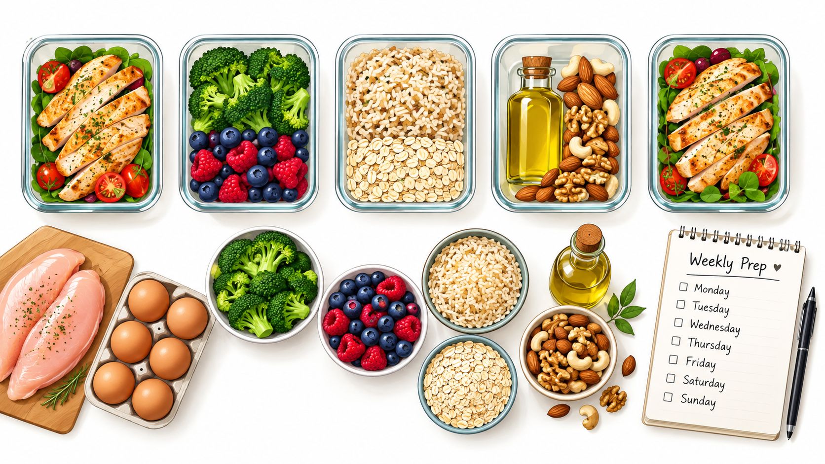 A flat lay of healthy meal prep containers with chicken, vegetables, grains, nuts, and a checklist.