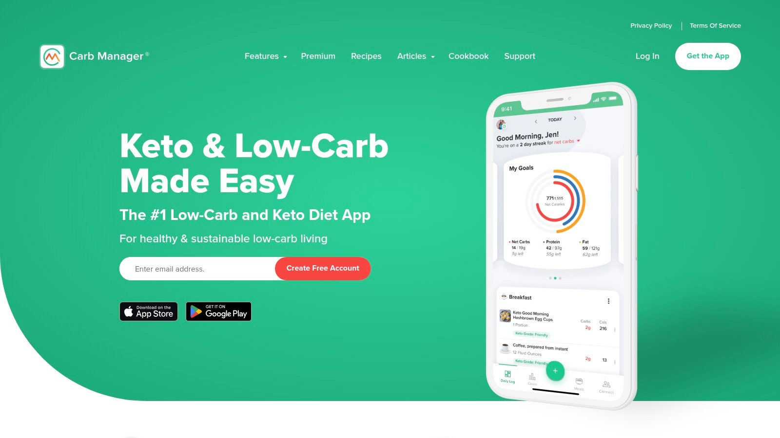 Carb Manager website homepage