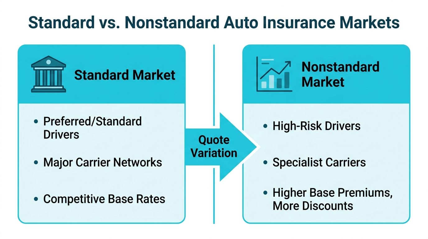 A comparison chart showing the differences between standard and nonstandard auto insurance markets for various driver types.