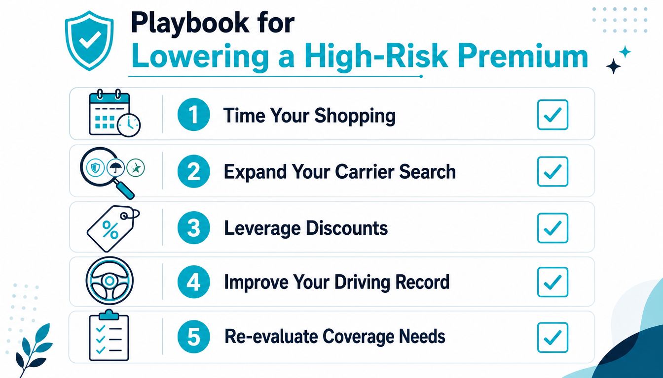 A five-step guide on a blue background outlining strategies for lowering high-risk auto insurance premiums.