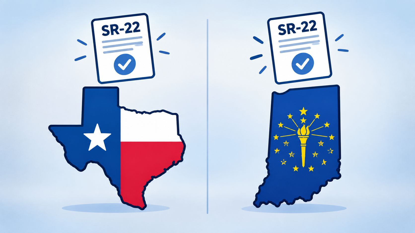 Visual comparison of SR-22 insurance documents for the states of Texas and Indiana on a light background.
