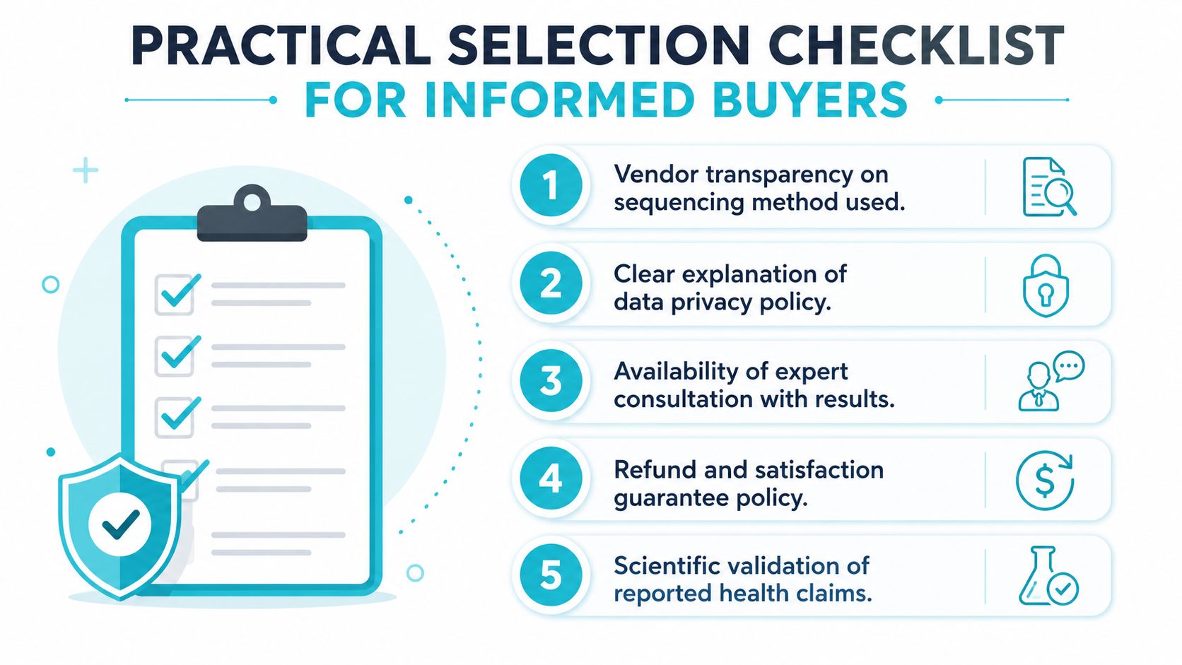 A checklist of five criteria for informed buyers when selecting a gut microbiome testing vendor.
