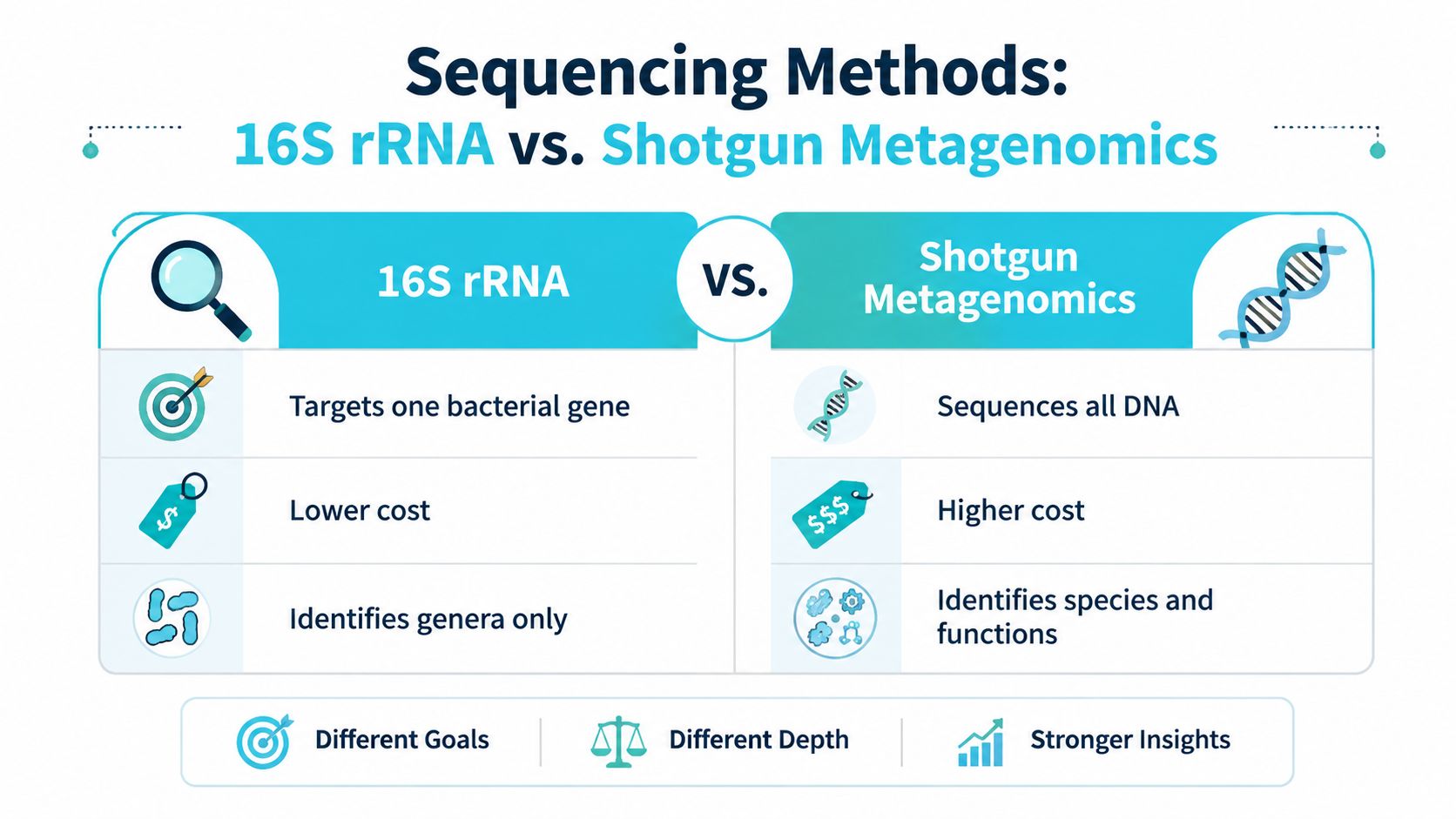 A comparison infographic between 16S rRNA sequencing and shotgun metagenomics methods for gut microbiome analysis.