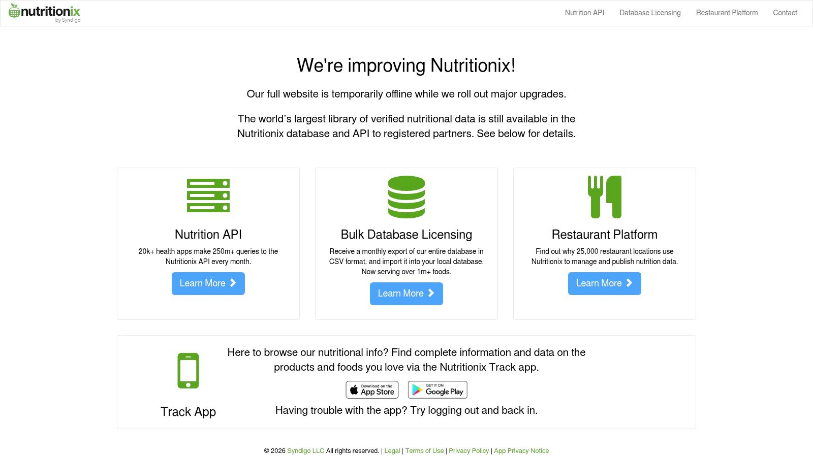 Nutritionix Track website homepage