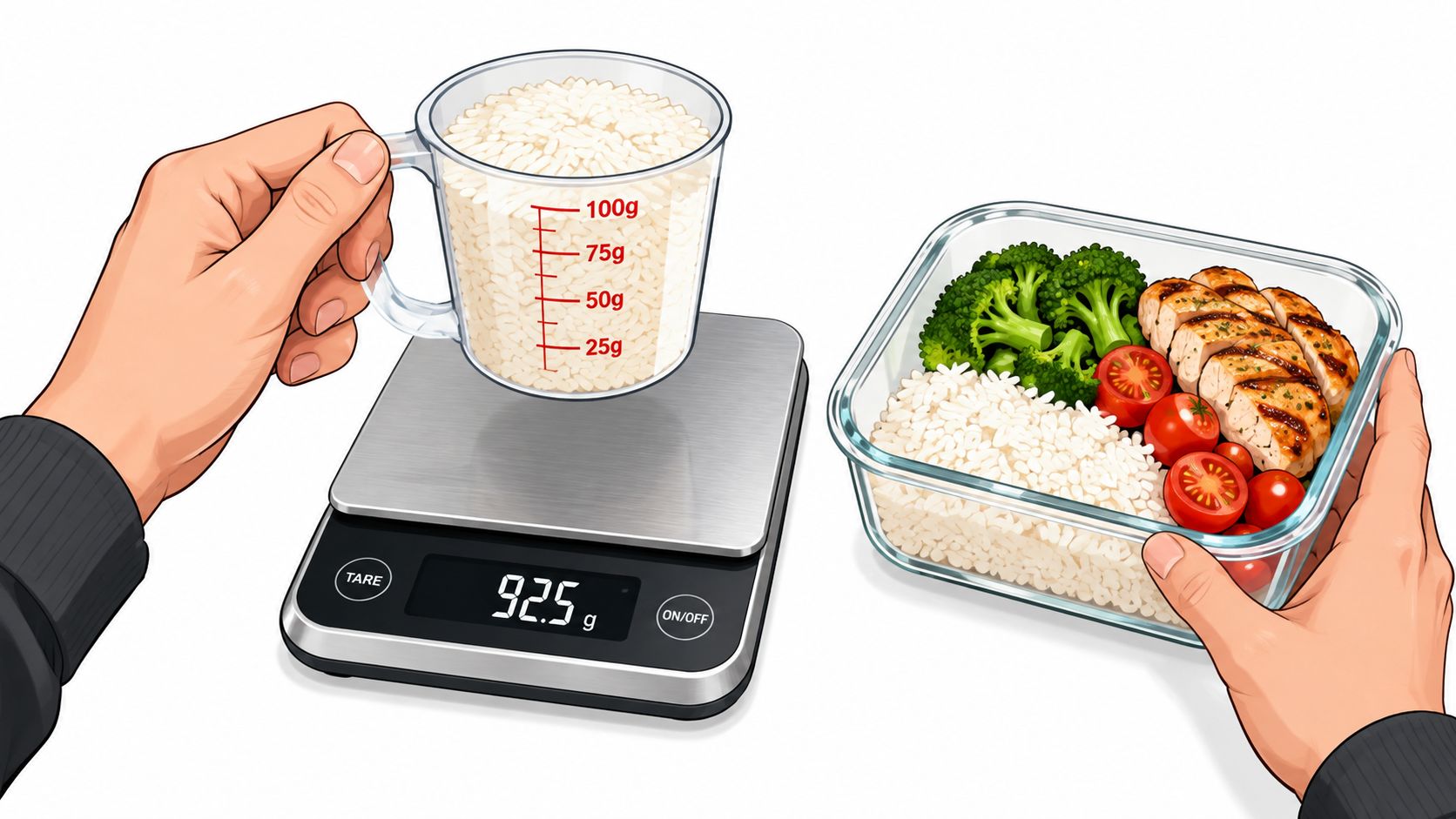 A hand measuring uncooked rice on a digital kitchen scale next to a prepped meal container.