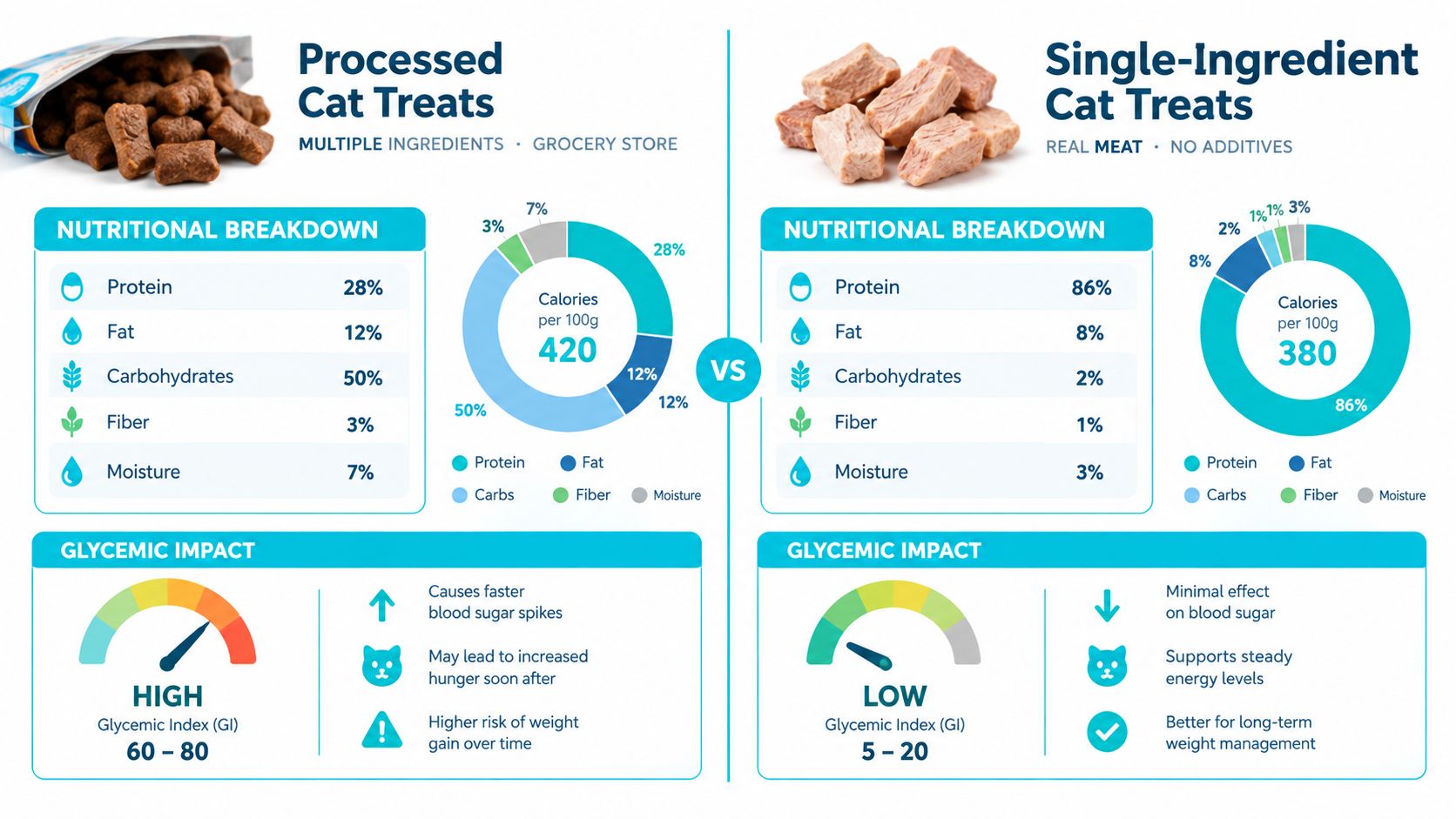 A comparison infographic showing the nutritional differences between processed cat treats and single-ingredient meat treats.