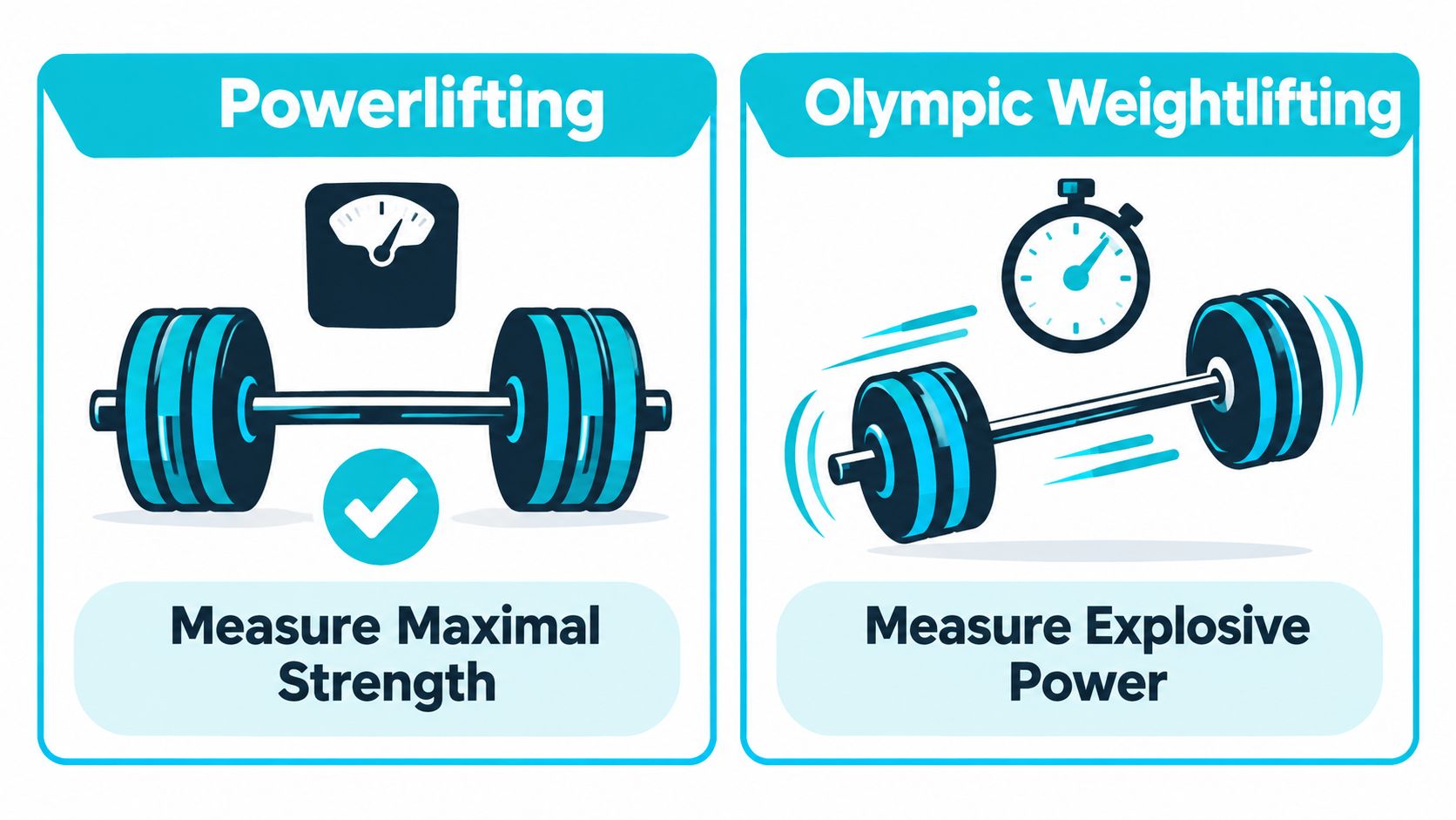 A comparison infographic showing powerlifting measures maximal strength while Olympic weightlifting measures explosive power through fast movements.