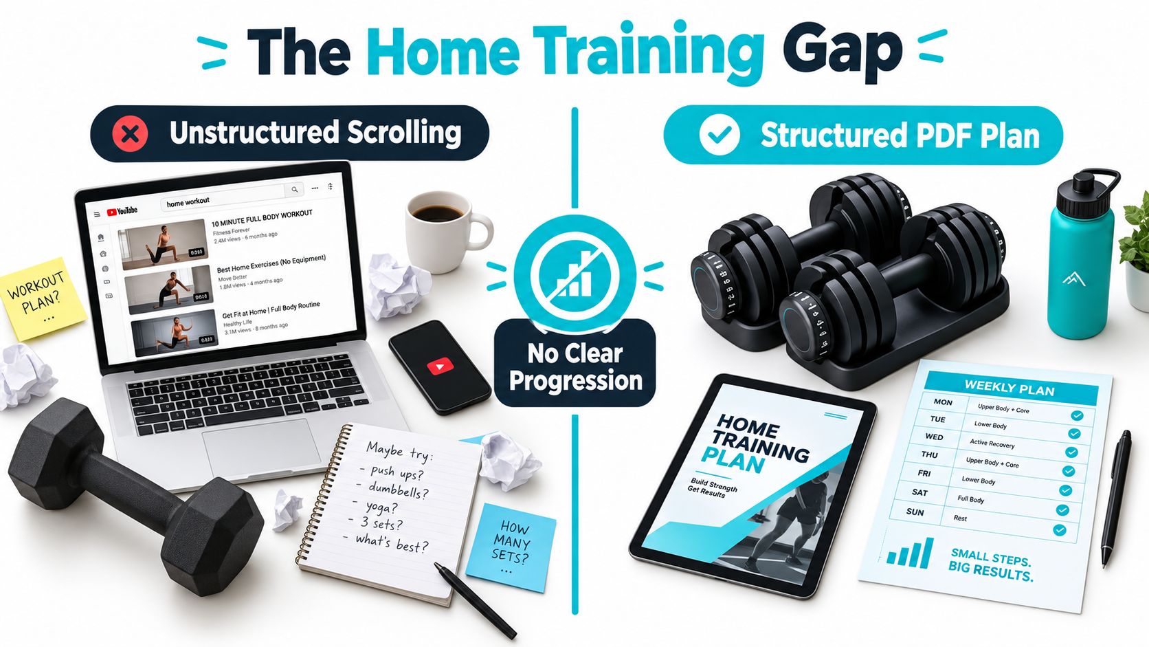 A split image comparing disorganized home workout YouTube scrolling against a structured PDF fitness training plan.