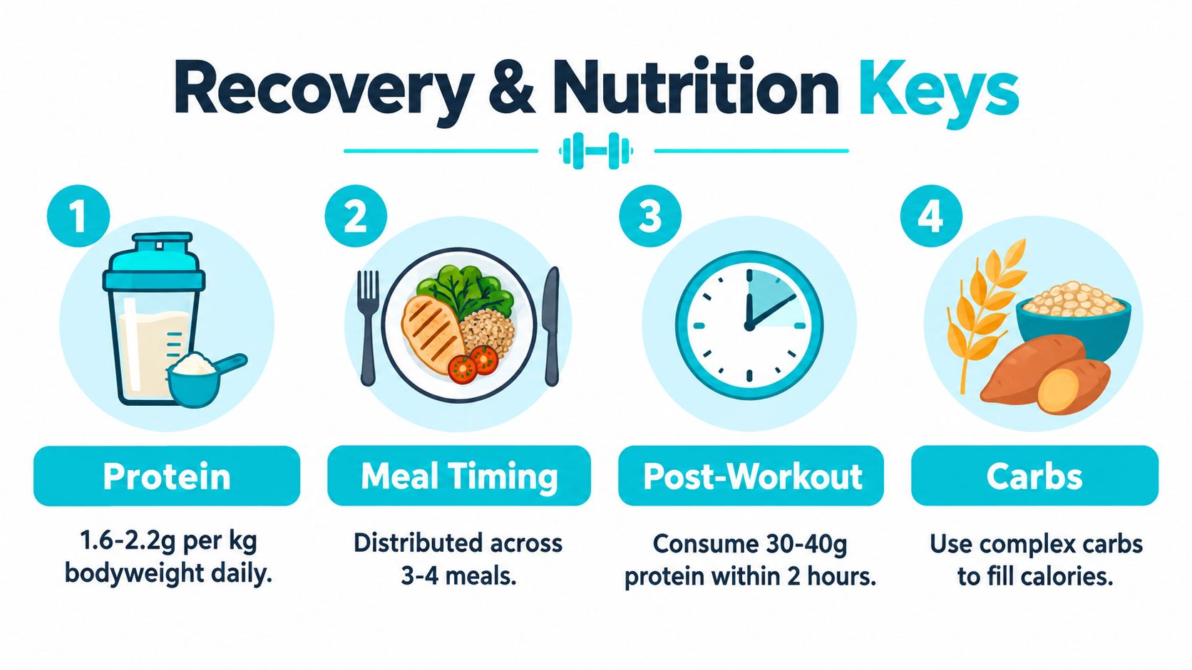 An infographic titled Recovery and Nutrition Keys displaying four steps for optimal fitness and health nutrition.