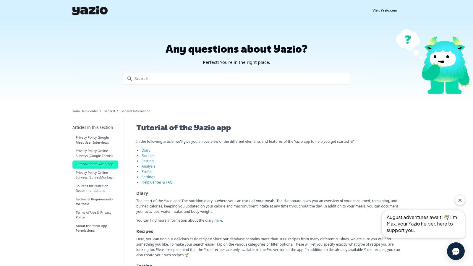 YAZIO app tutorial page