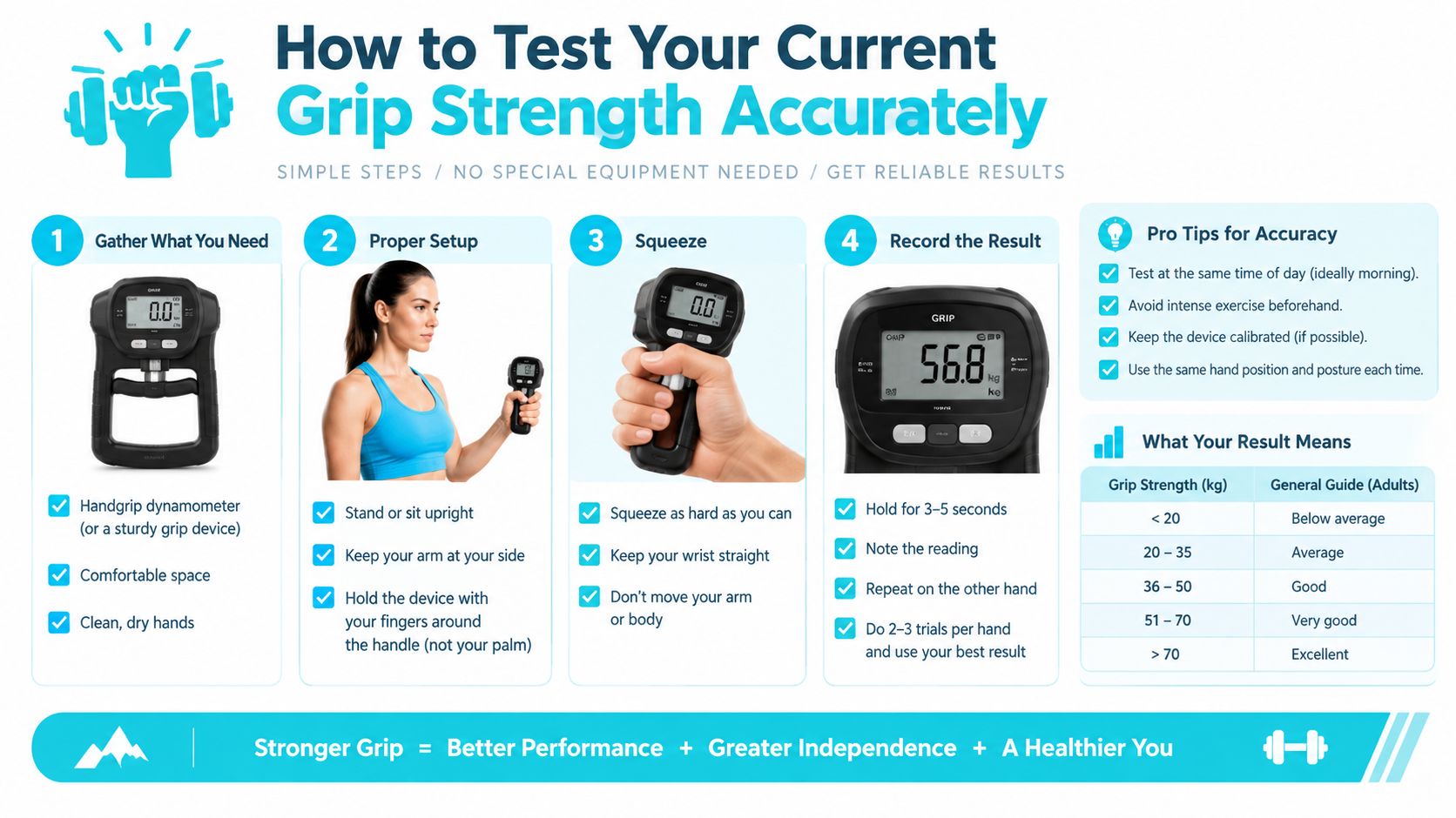An infographic showing steps for measuring grip strength using a digital hand dynamometer for physical fitness assessment.
