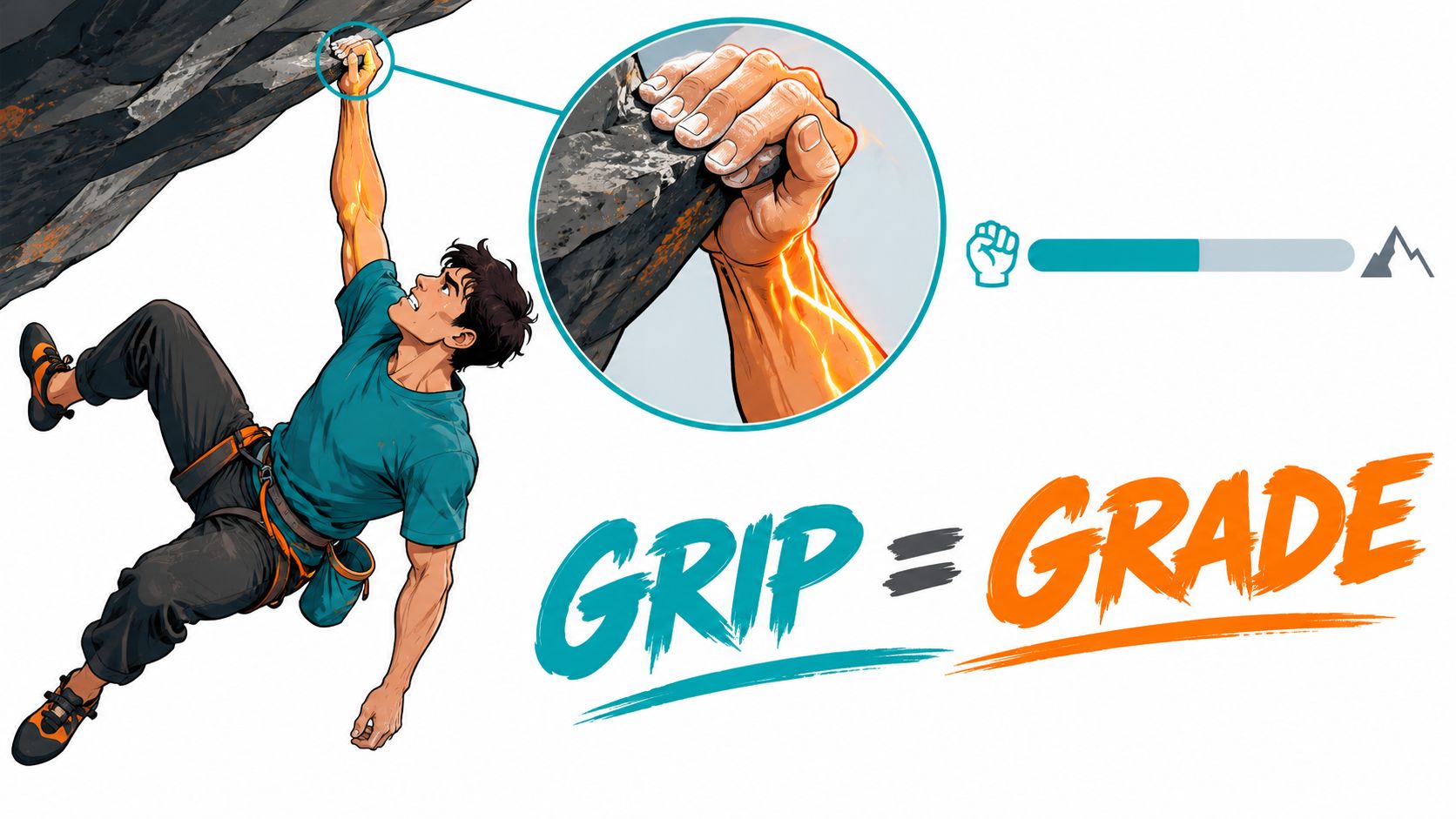A digital illustration showing a rock climber hanging from a ledge with a detailed hand grip focus.
