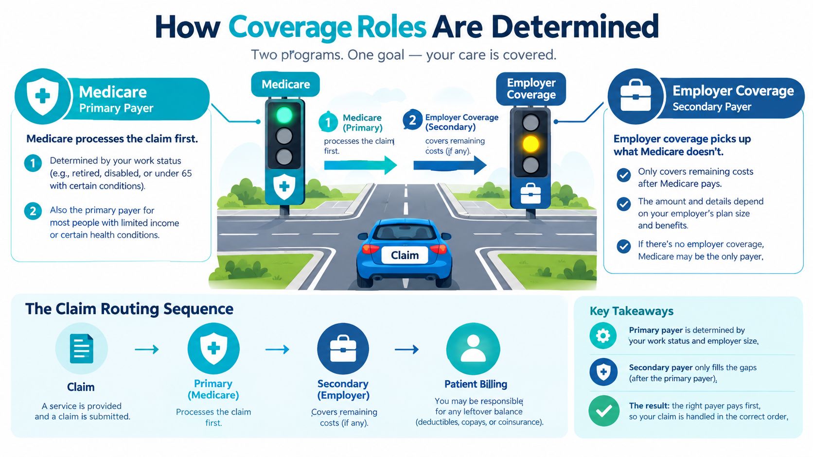 A diagram explaining how Medicare and employer coverage roles are determined in the health insurance billing process.