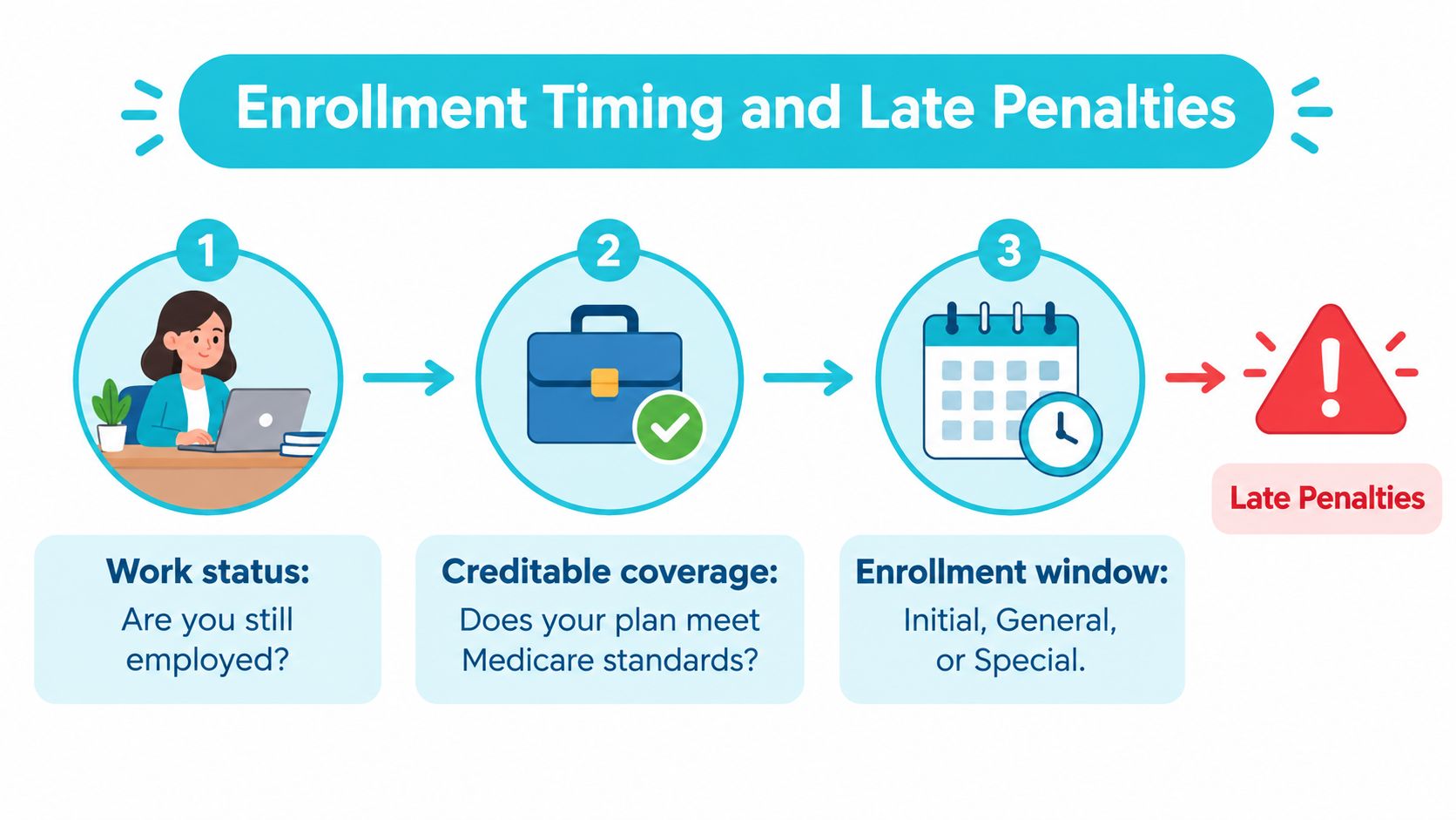 An infographic showing three steps to avoid Medicare late penalties: checking work status, creditable coverage, and enrollment windows.