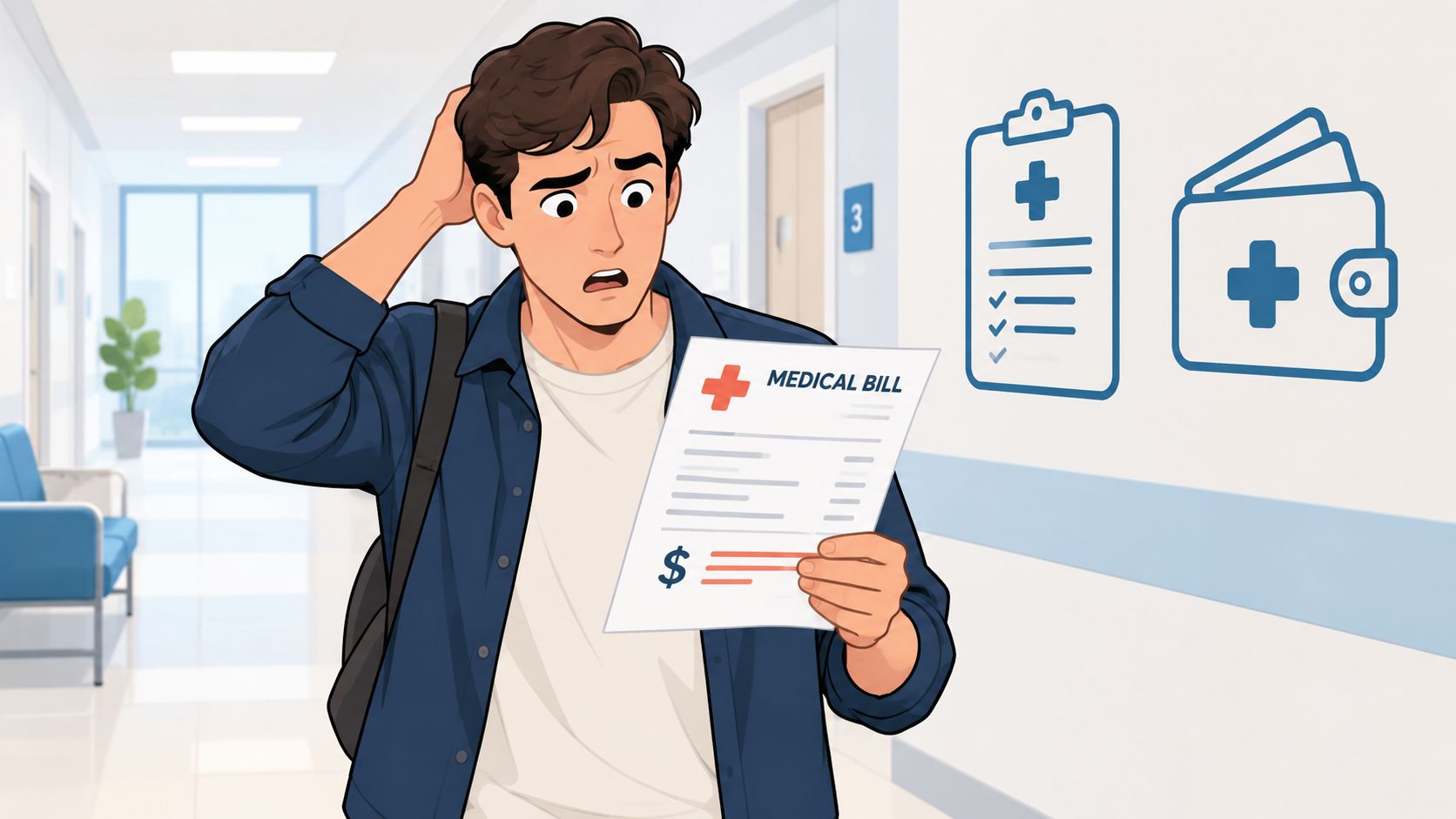 A concerned young man standing in a hospital hallway looking at an expensive medical bill with stress.