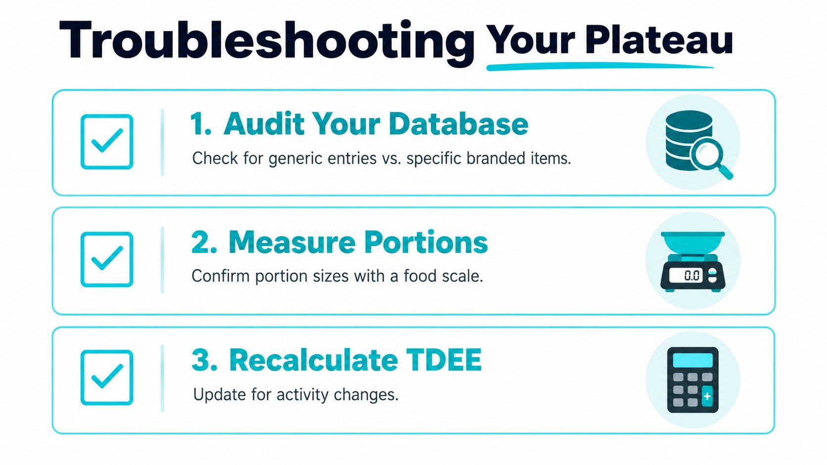 A graphic titled Troubleshooting Your Plateau with three tips for overcoming weight loss plateaus, including tracking and activity.