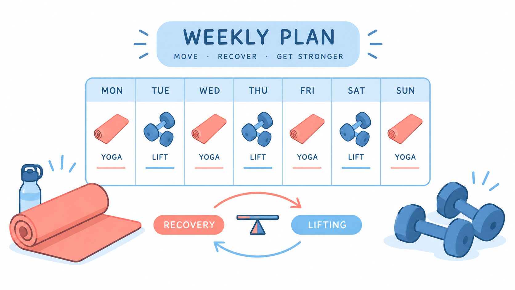 A weekly fitness plan chart alternating between yoga for recovery and lifting weights for strength training.