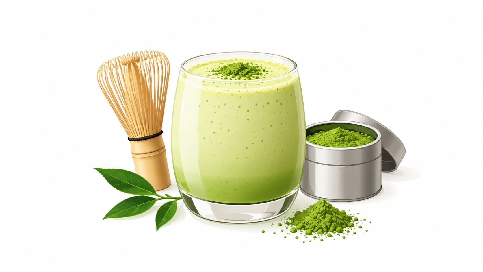 A glass of matcha smoothie served with a bamboo whisk, fresh green tea leaves, and matcha powder.