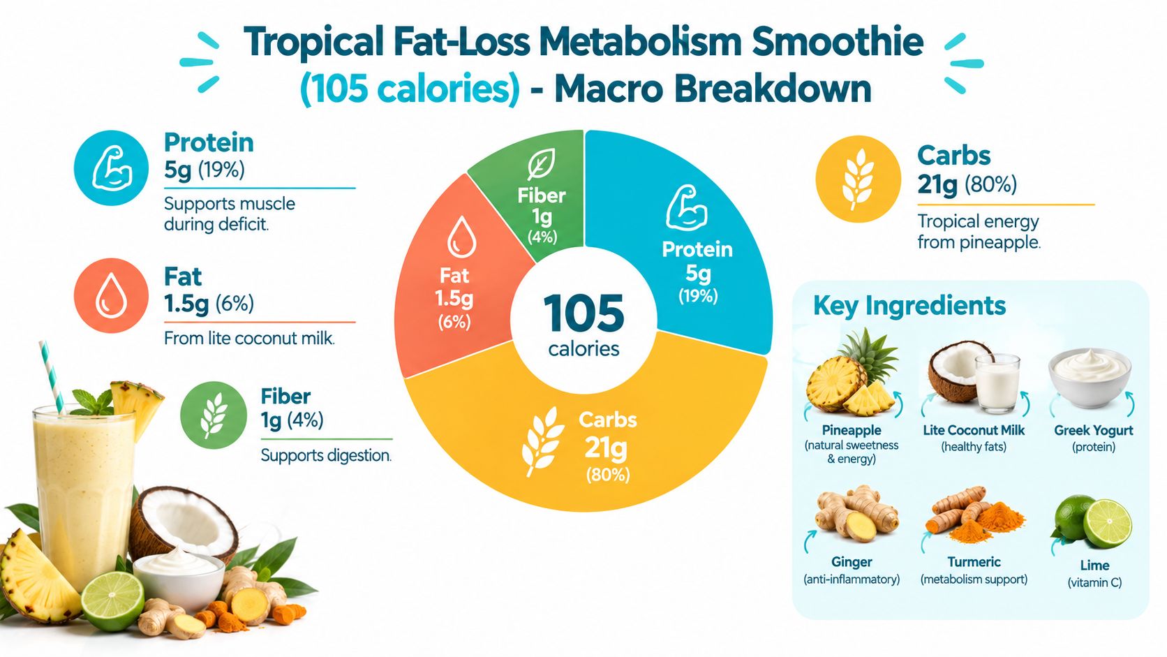 A nutritional breakdown infographic for a tropical fat-loss metabolism smoothie featuring ingredients and macro statistics.