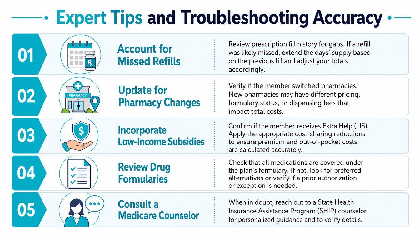 A list of five expert tips for troubleshooting and improving the accuracy of Medicare prescription drug cost estimates.