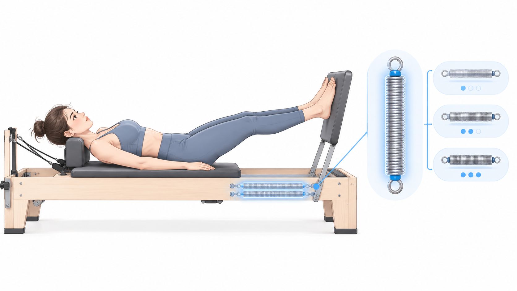 A person exercising on a Pilates reformer machine with a highlighted view of the adjustable spring resistance.