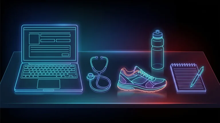 Laptop with a form on a desk beside a stethoscope, running shoe, water bottle, and notepad with