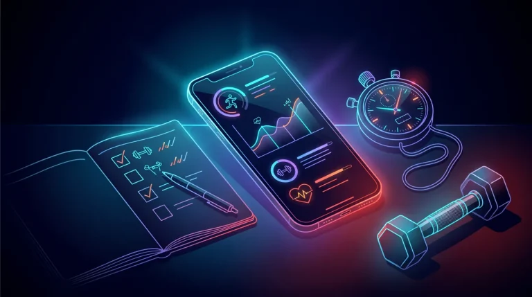 Smartphone with fitness dashboard on a desk next to a stopwatch, dumbbell, and