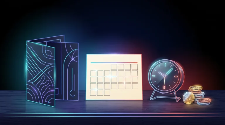 Insurance card and calendar page beside a clock and stacked coins on a