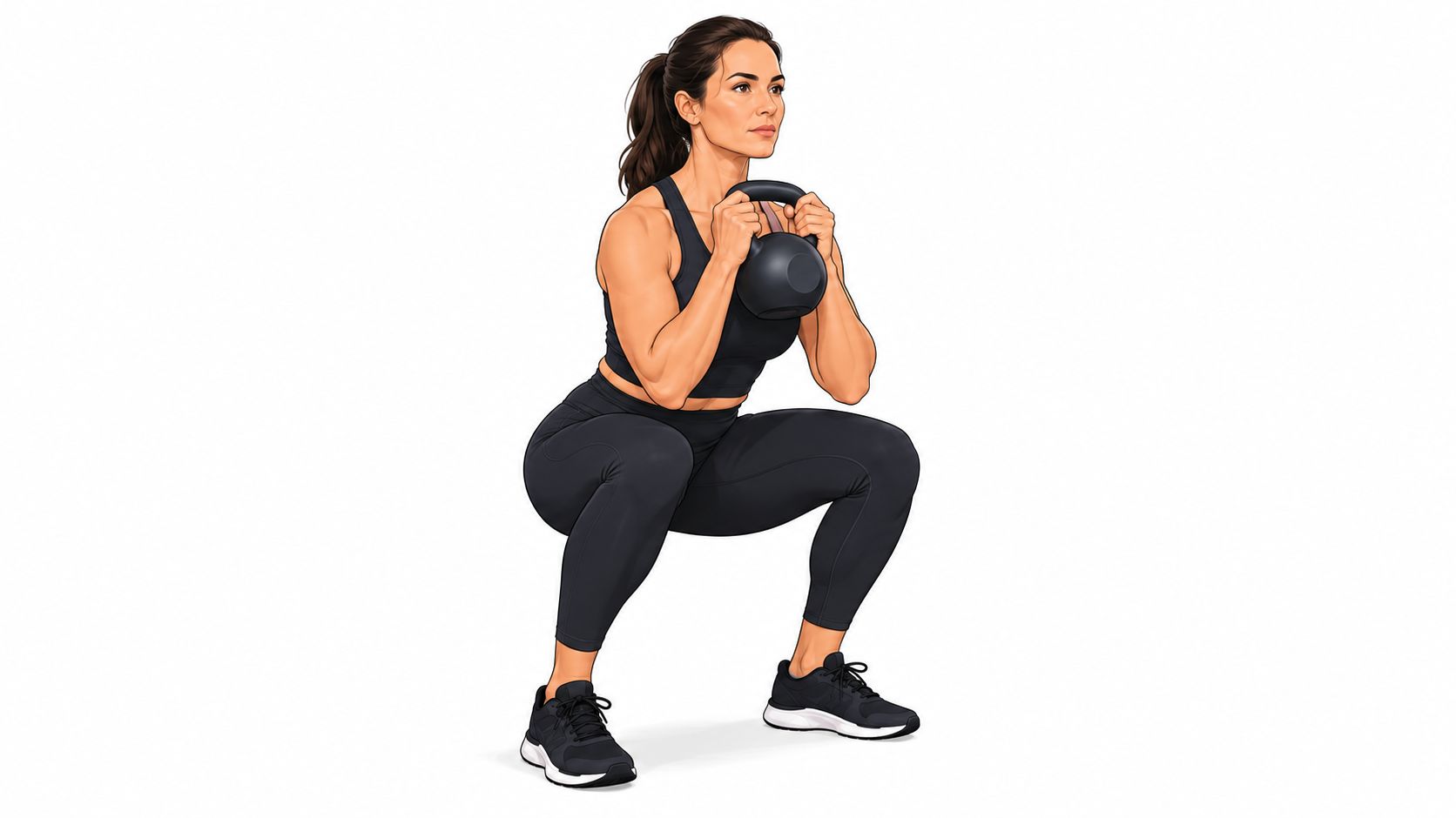 A fit woman in athletic wear performing a goblet squat holding a black kettlebell during a workout.