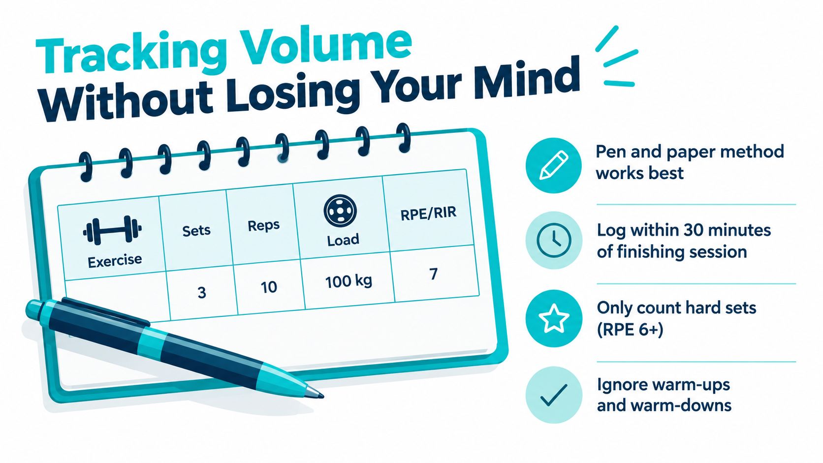 An infographic showing how to track training volume with a sample exercise log and four key tips.