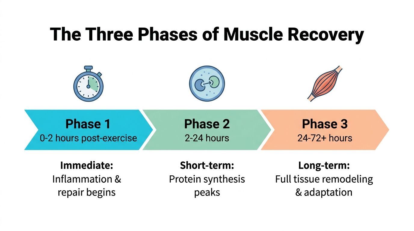 A timeline graphic showing three phases of muscle recovery: immediate, short-term, and long-term tissue repair processes.