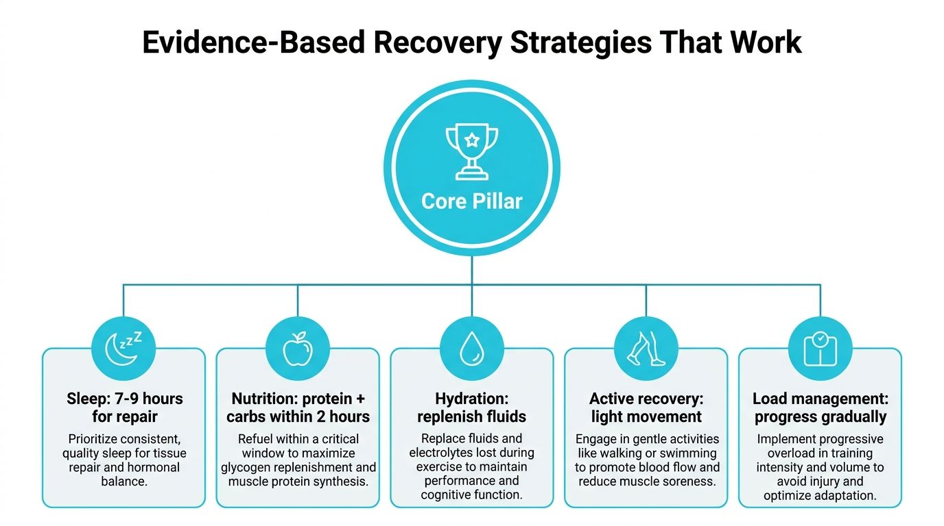 A diagram outlining evidence-based recovery strategies, including sleep, nutrition, hydration, active recovery, and proper load management.