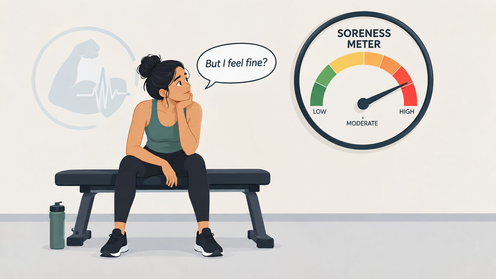 A woman sitting on a gym bench looking confused at a high soreness meter on the wall.