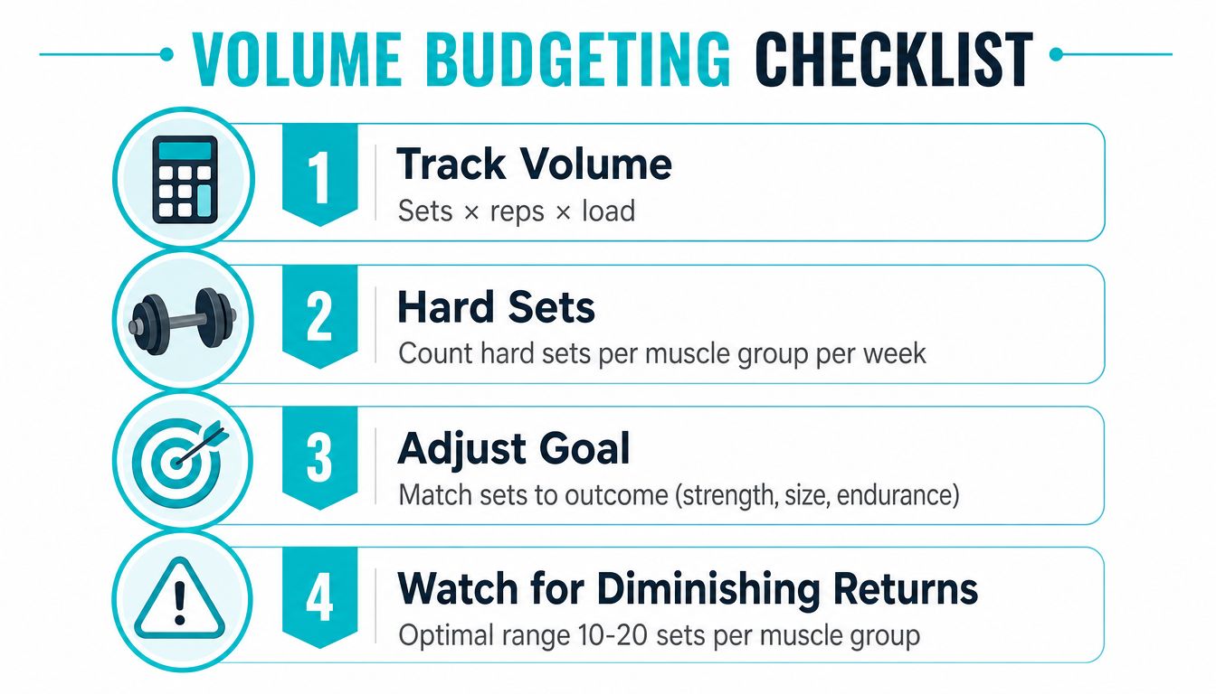 A four-step infographic titled Volume Budgeting Checklist guiding viewers on how to manage their strength training volume.