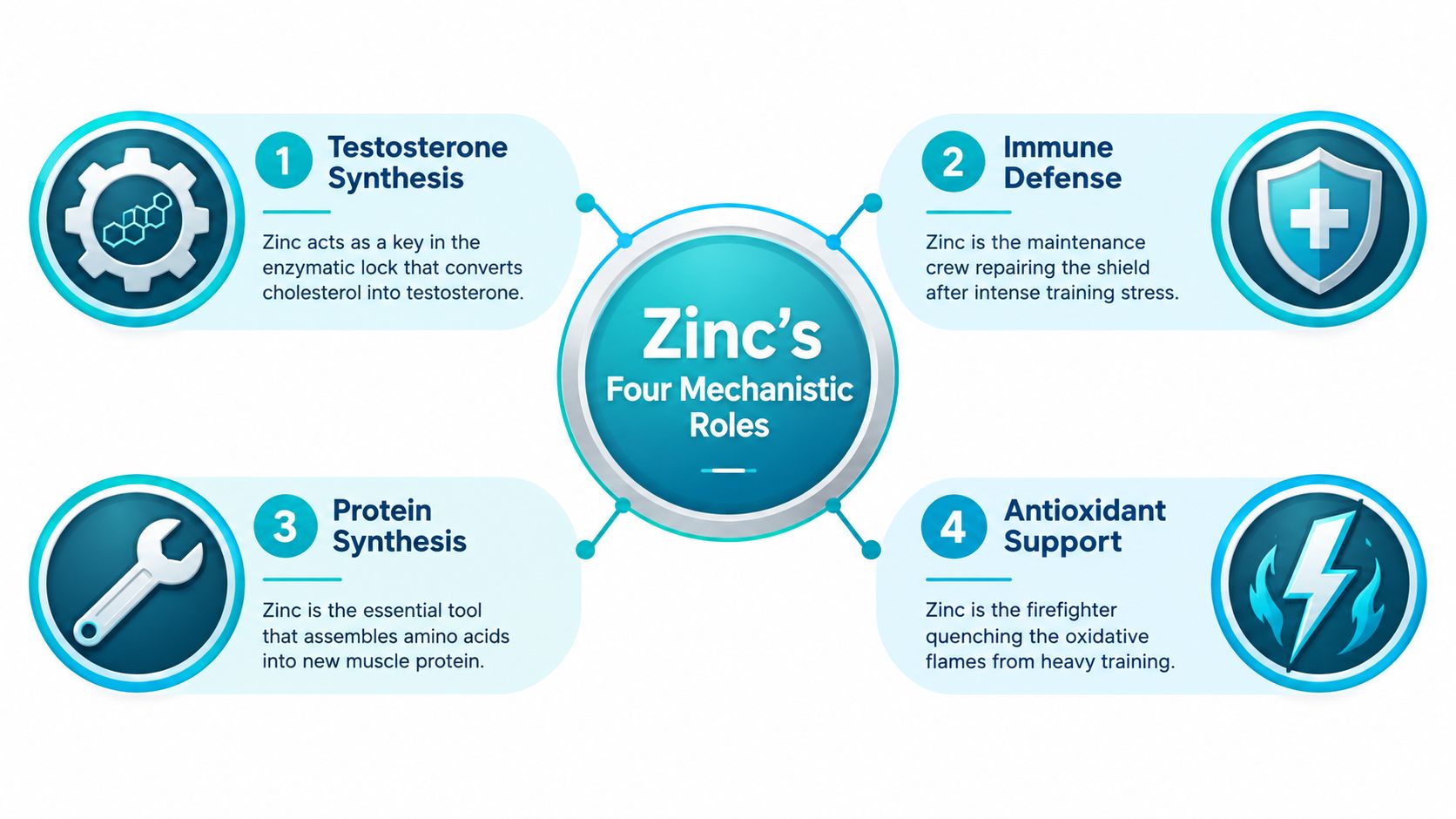 An infographic detailing the four essential mechanistic roles of zinc in bodybuilding and muscle health.