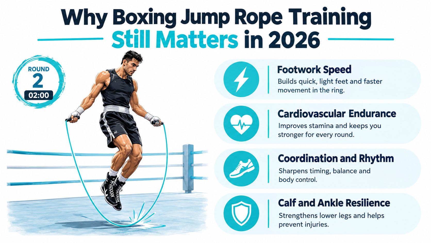 A professional boxer jumping rope in a boxing ring, highlighting the benefits of jump rope training.